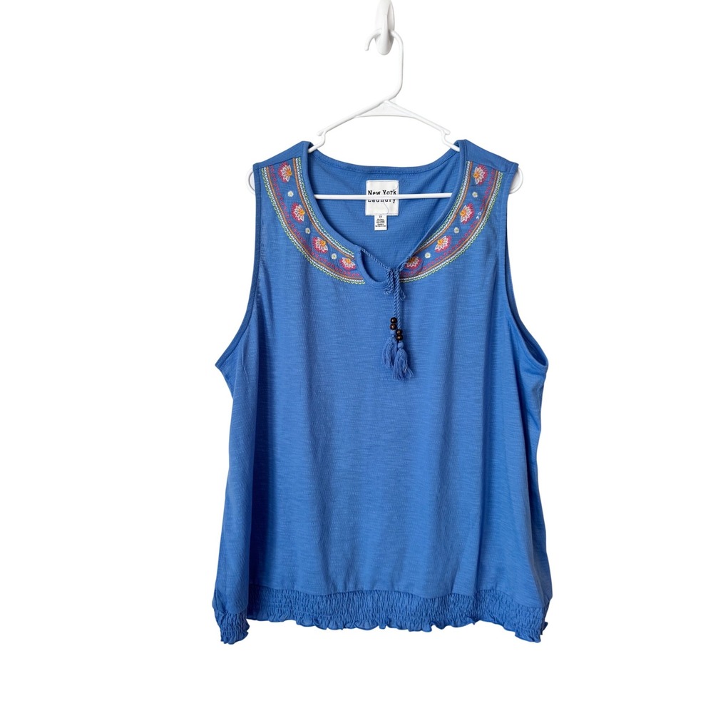 New York Laundry Blue Embroidered Tassel Boho Blouson Tank Top Plus Size 3X